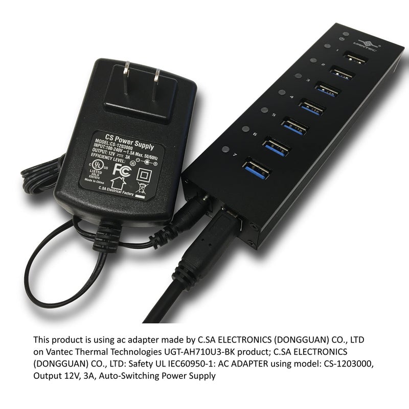 Vantec 7-Port USB 3.0 Hub, Aluminum, Full Powered, Mountable, with All Ports Data & Charging Up to 1.5A, BC 1.2, Premium 12V/3A, 36W Power Adapter (UGT-AH710U3-BK),Black - Image 3
